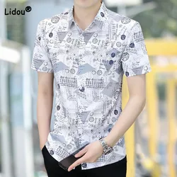 Fashion Men's Trend Casual Printed Turn-down Collar Shirt Summer Male Clothes Korean Short Sleeve Single-breasted Slim Shirts