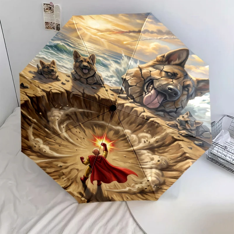 Anime One-Punch Man Faltbarer Regenschirm 8 Eisenrippen Automatisch Öffnend Sonnenschutz Gemustert Modischer Kunststoffgriff Weihnachtsgeschenke.-Xin