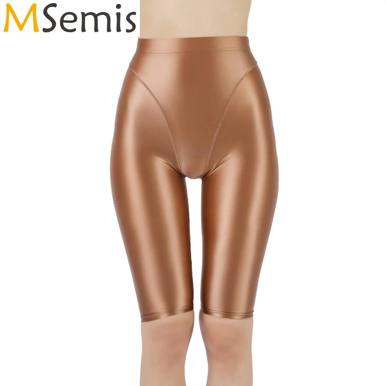 

Womens Glossy Oil Fake 2-piece Tights Shorts High Waist Stretchy Biker Shorts Breathable Solid Color Legging Sports Yoga Fitness