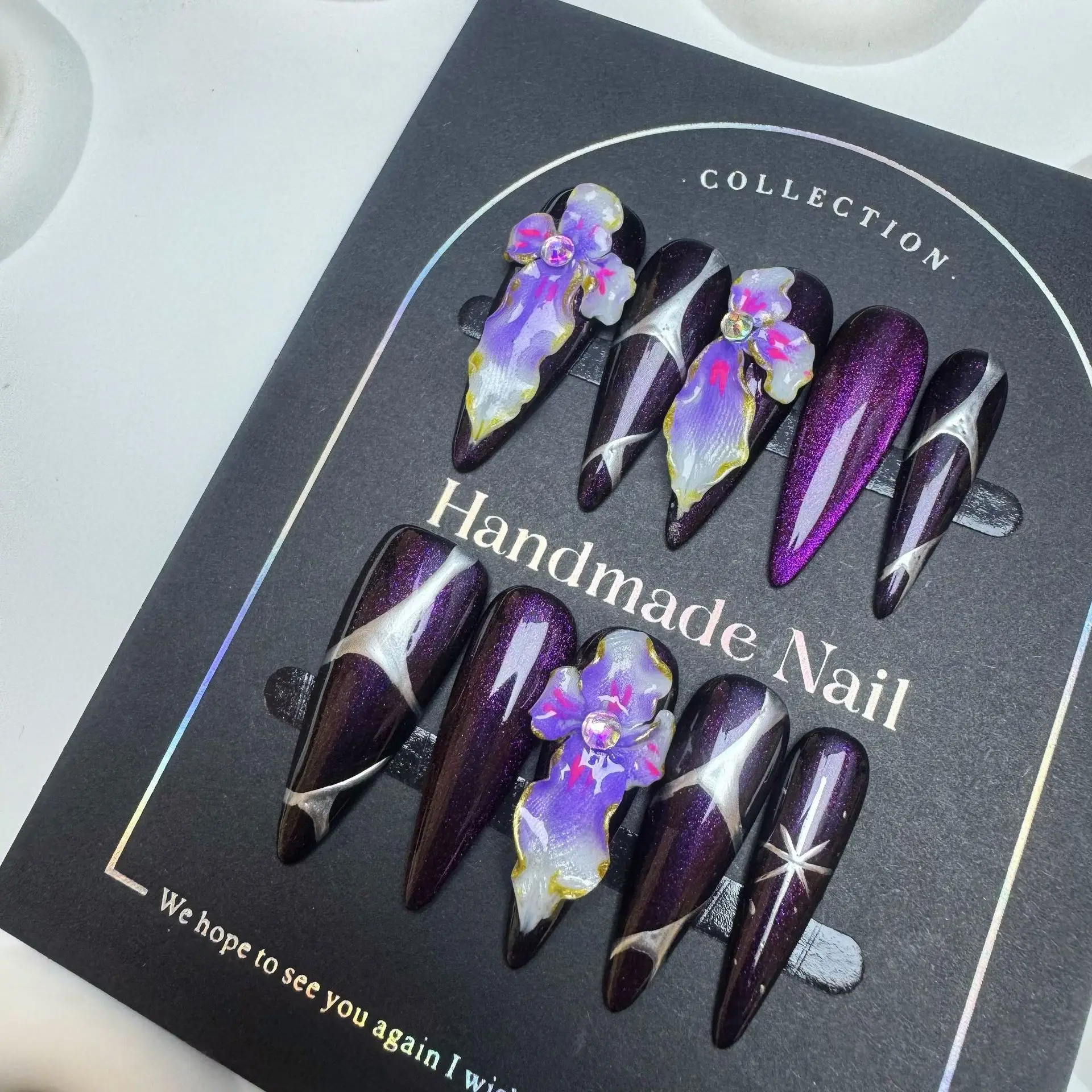 10pcs Handmade Press on Nails Punk Purple Long Almond Fake Nails Wearable European Spicy Girl 3D Carved Flowers False Nails