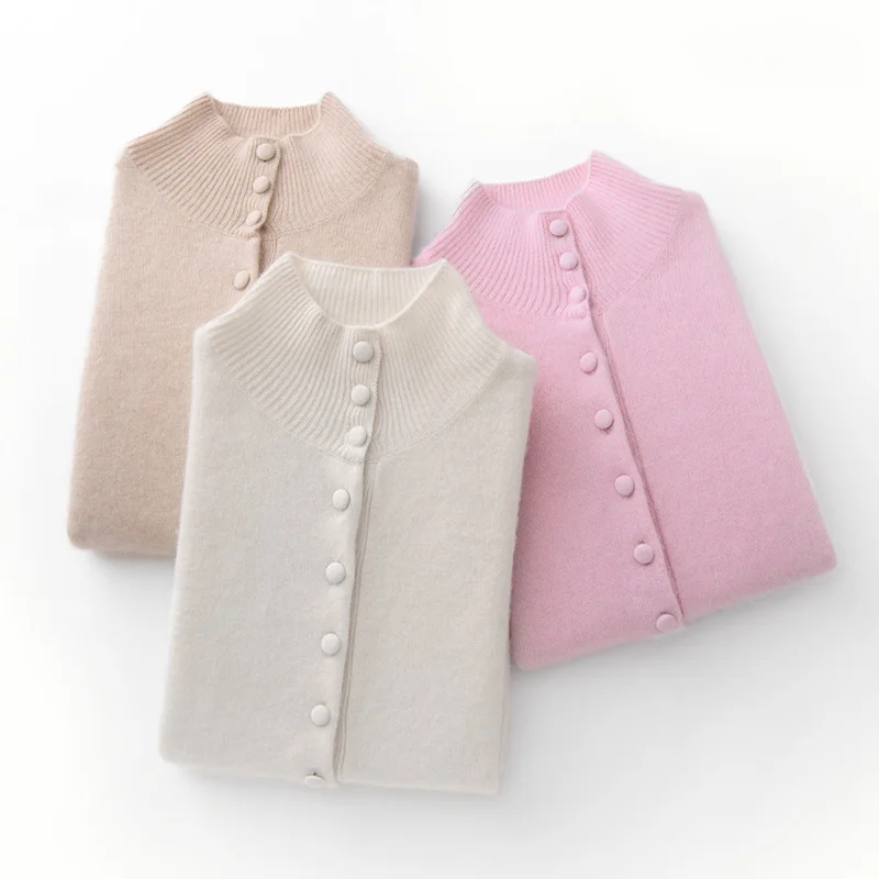 

Вязаный женский кардиган с высоким воротом, новый зимний свитер из 100% кашемира, однорядный трикотаж с несколькими пуговицами, верхнее пальто