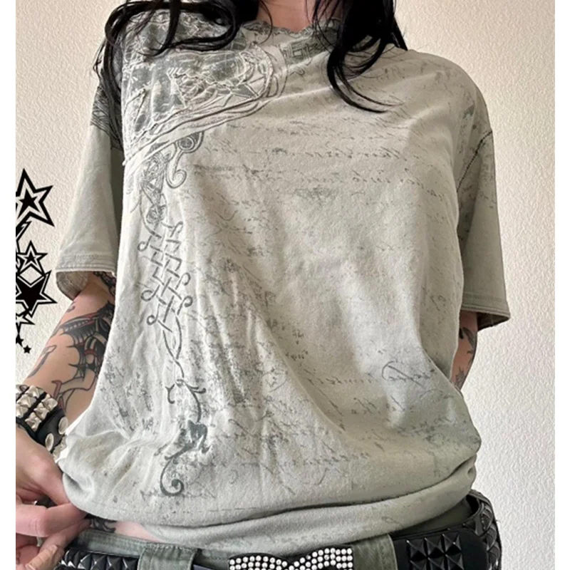 Y2k Grunge Crop Top Frauen Sommer Gothic Star Print Rundhals ausschnitt Kurzarm T-Shirt 2000s Cyber core Kleidung Streetwear