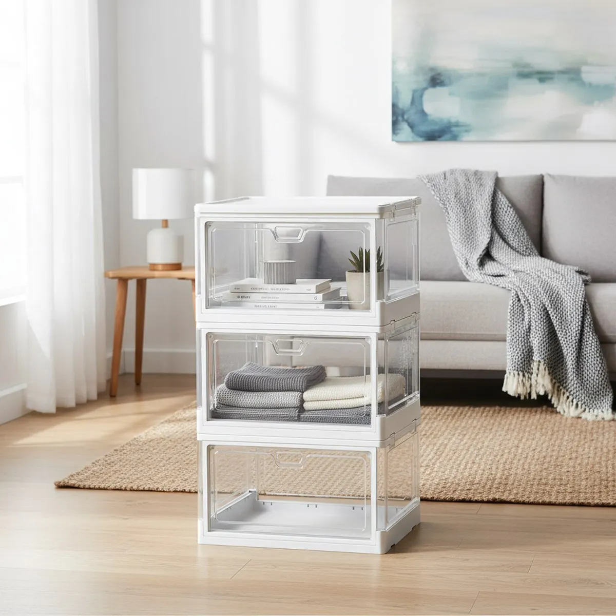 Stackable Clear Storage Boxes 3 Pack Large Foldable Plastic Organizer for Home Use