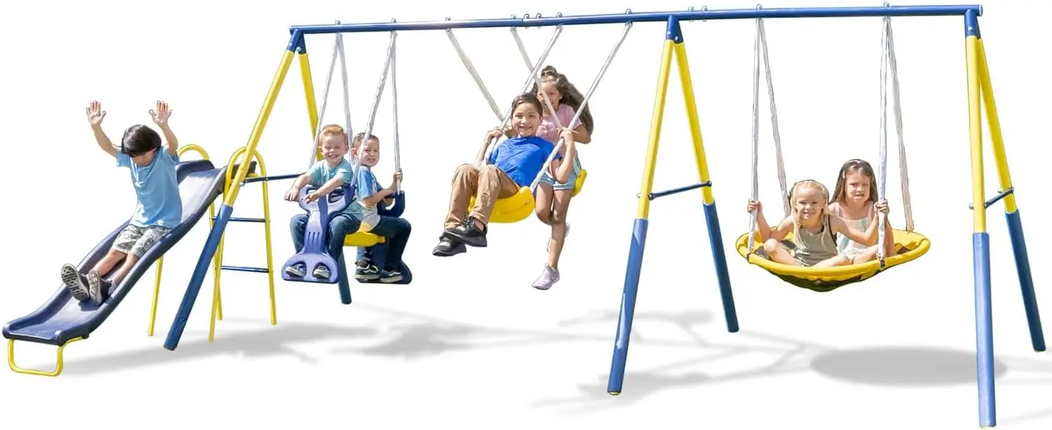 Super Star Outdoor Kids Metal Swing Set: 2 Swings, 1 Flying Saucer, 1 Glider, 1 Wavy Slide - Exceeds ASTM Standards