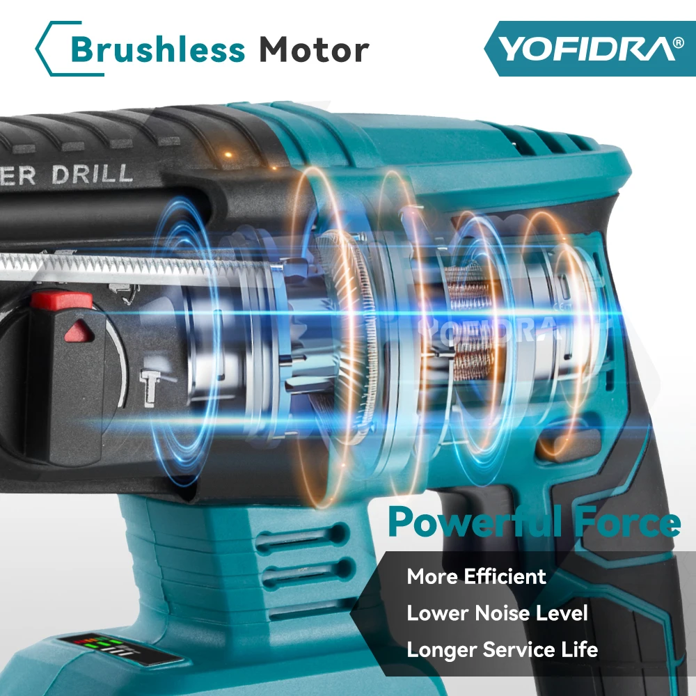 YOFIDRA 26MM Brushless Electric Hammer Drill 1680W Multifunctional Cordless Screwdriver Power Tool For Makita 18V Battery Pin