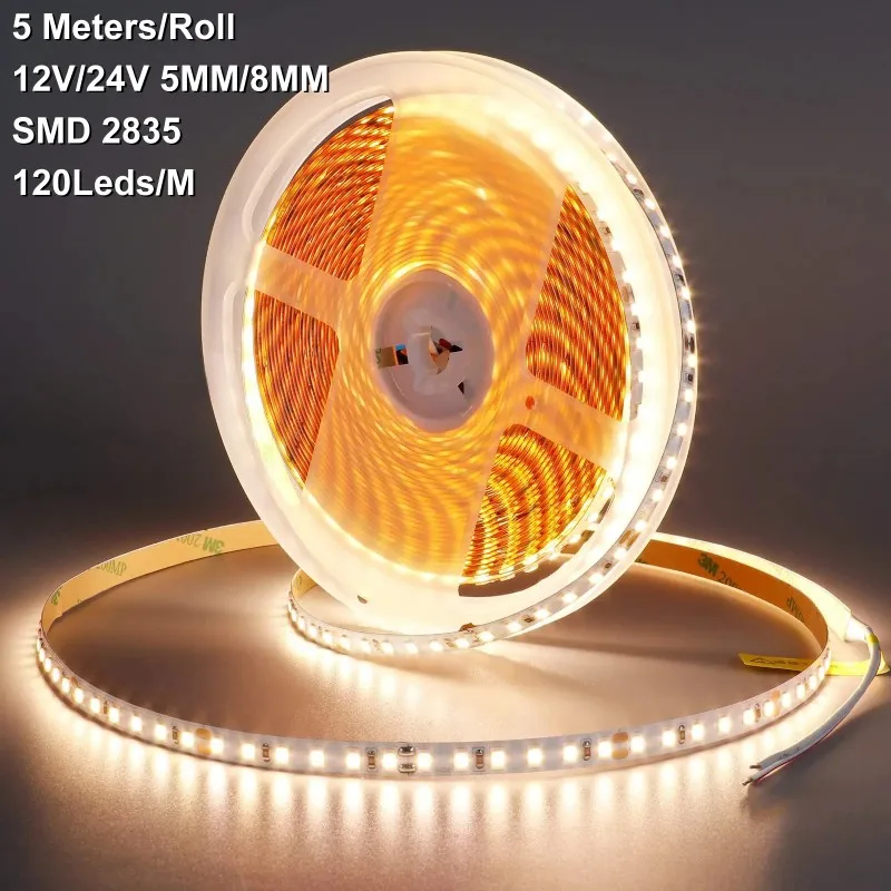 High Brightness 5M SMD2835 Led Strip Light 12V 24V 5mm 8mm Self-adhesive 2835 SMD Led Strip Light