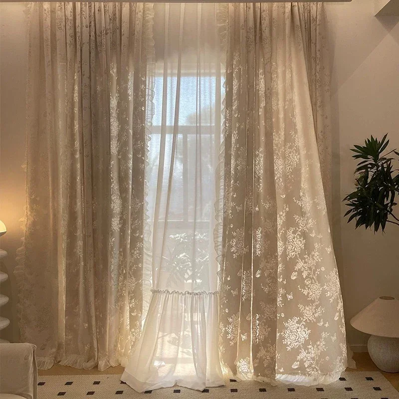 French Butterfly Veil Tulle Yarn Curtains for Living Room Bedroom Beige Vintage Light Shadow Window Girl's Dreamy Skirt Floor