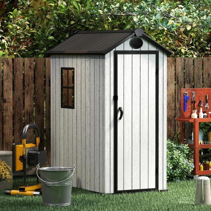 

3x5 FT Outdoor Storage Shed Resin Garden Tool Shed with Lockable Doors & Slooping Roof, Plastic Shed with Floor,