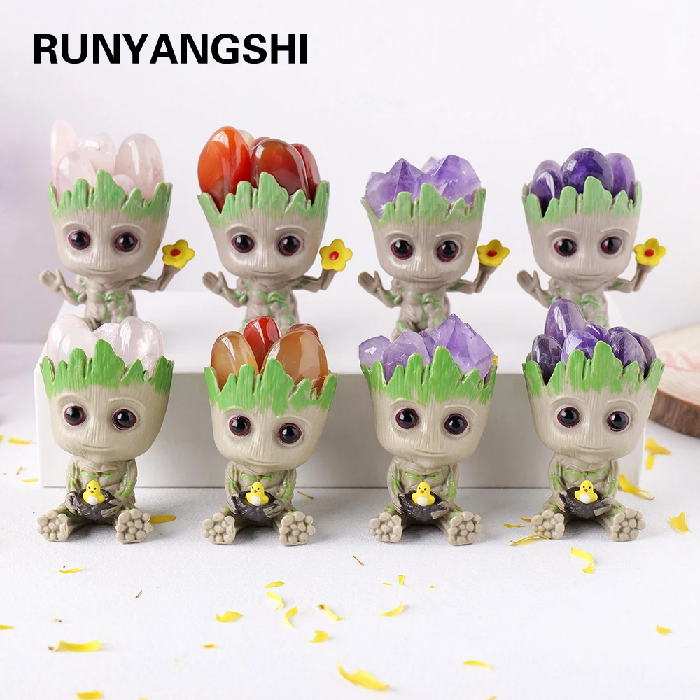 Natural Crystal Amethyst Flowers Healing Stone DIY Cartoon Grut Tree Man Hand-made Toys Ornaments For Children's gifts