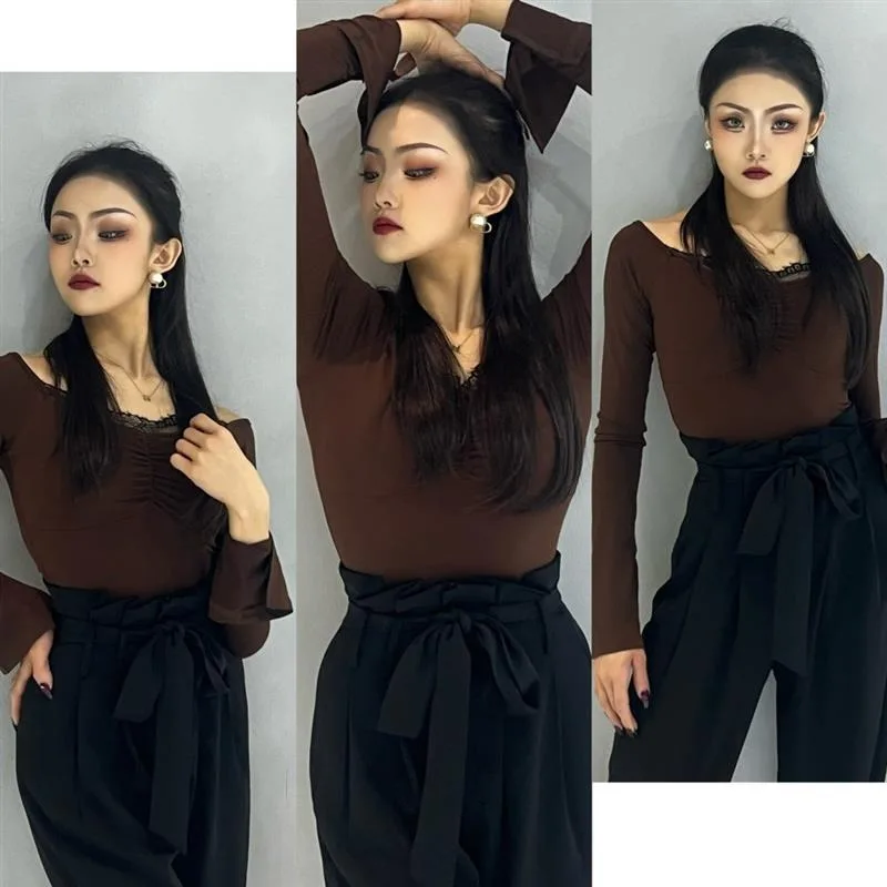 customized Latin dance bodysuit with black floral bud pants wide leg pants women's lace edge long sleeved top for two outfits