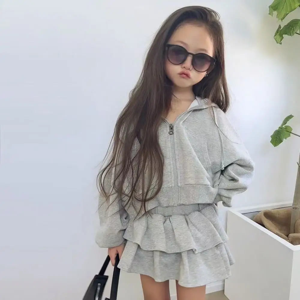 Autumn Girls Sun Coat Cardigan Hooded Jacket + Shorts mini Skirt Teenager Children Set 90-140CM