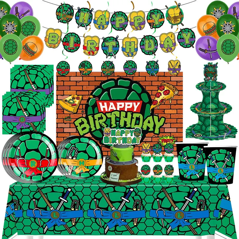 Grüne Schildkröten Geburtstagsdekoration Tischgeschirr Becher Teller Ballon-Set Banner Hintergrund Hängende Tortendekoration Geschenktüten Party-Zubehör