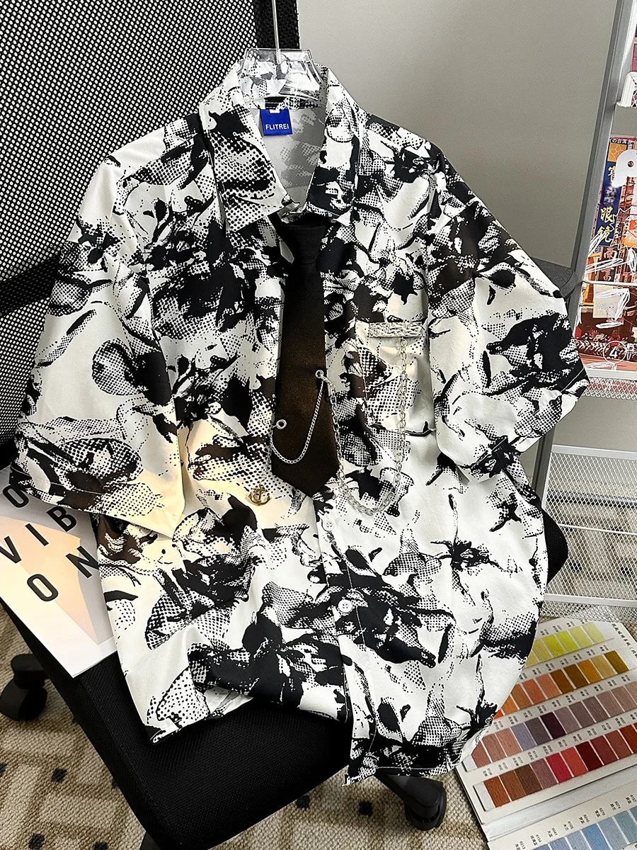 

New 2024 Men's Loose Fit Short Sleeve Shirt Black Ink Print Casual Versatile High-End Feel Couple's Fashion Summer Clothing