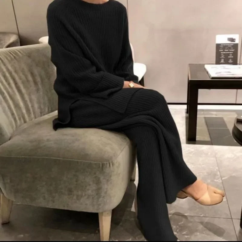 โAutumn Winter 2 Pieces Knitted Sweater Suit Women Elegant Solid Pullovers Wide Leg Pants Suit Lady Winter Soft Homewear