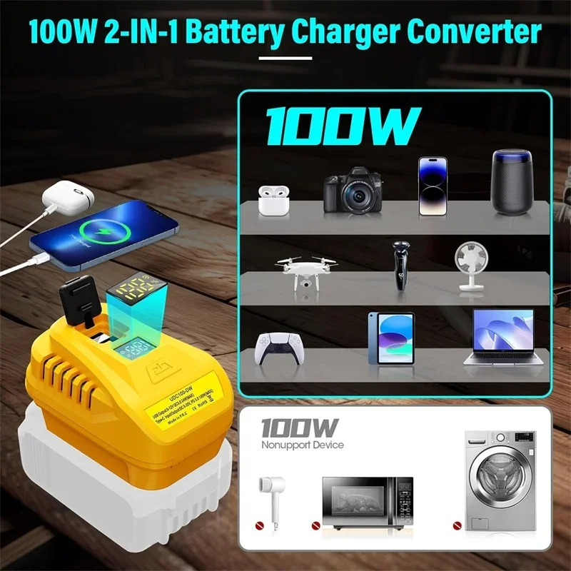 Convertidor adaptador 2 en 1 para batería de iones de litio Makita/Dewalt/Milwaukee/Einhell de 18V, cargador USB de 100W con pantalla LED
