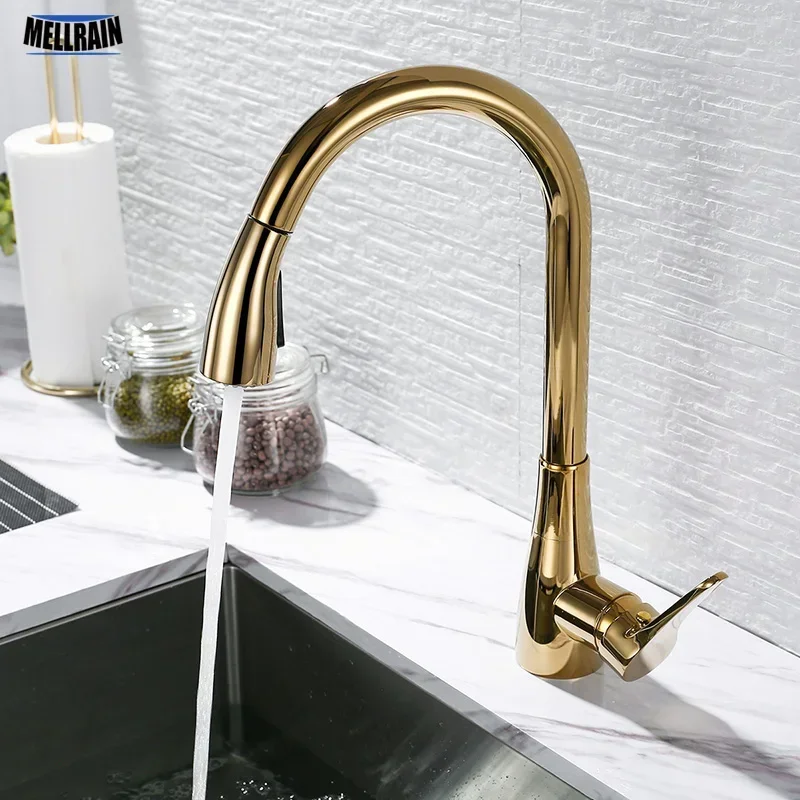 Luxury Kitchen Faucet Gold Single Handle Pull Out Sink Water Mixer Tap Solid Brass Silver Rose Gold Black Chrome Choice