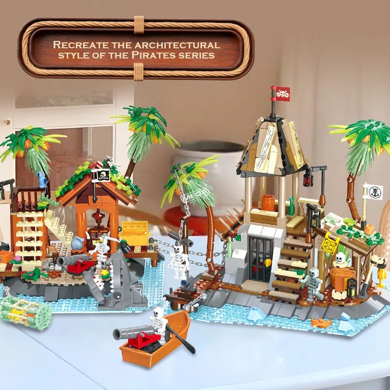 Juego de Brock de construcción de torre de vigilancia pirata, 3 estilos, casa de pirata Medieval artesanal, Kit de ladrillos de Isla de Calavera, juguete, regalo de cumpleaños para niños