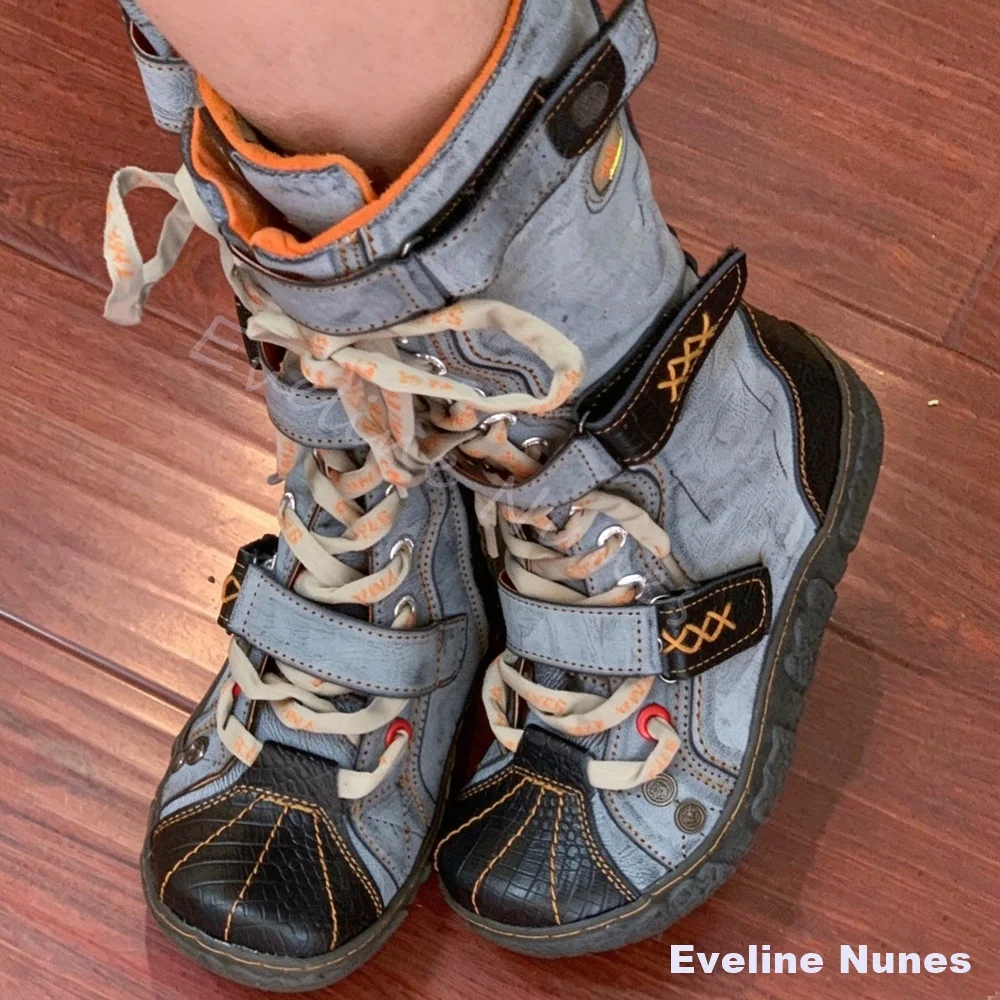 Women Washed PU Mid Calf Boots Vintage Distressed Multi Hook‑Loop Straps Lace‑Up Sassy Boots Y2K Grunge Retro Casual Flat Boots