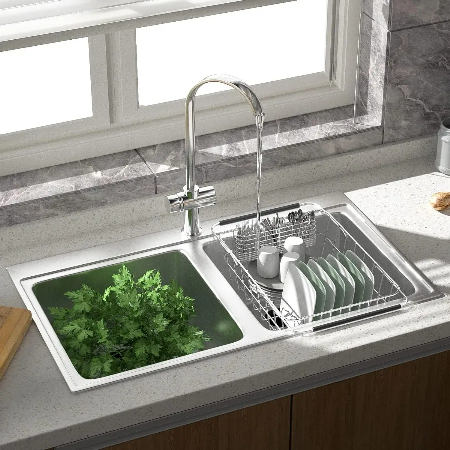 تجفيف أطباق من الفولاذ المقاوم للصدأ 304 قابل للتعديل في الحوض لتخزين سطح المطبخ مع تصميم قابل للتوسيع من 14.96 إلى 20.59 أ