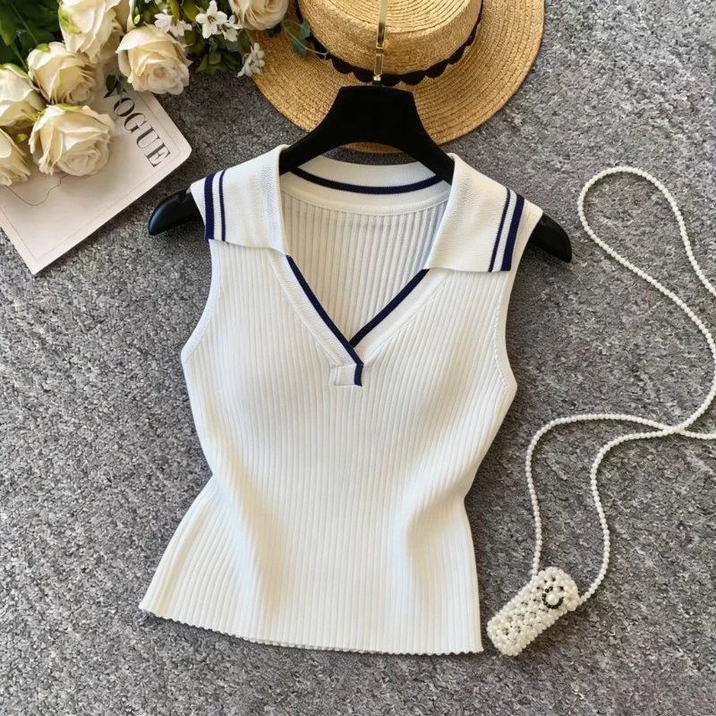 Women's Navy Striped Sailor Collar Knit Sweater Vest Sleeveless V Neck Ribbed Stretchy Casual Layering Knit Waistcoat Tank Top