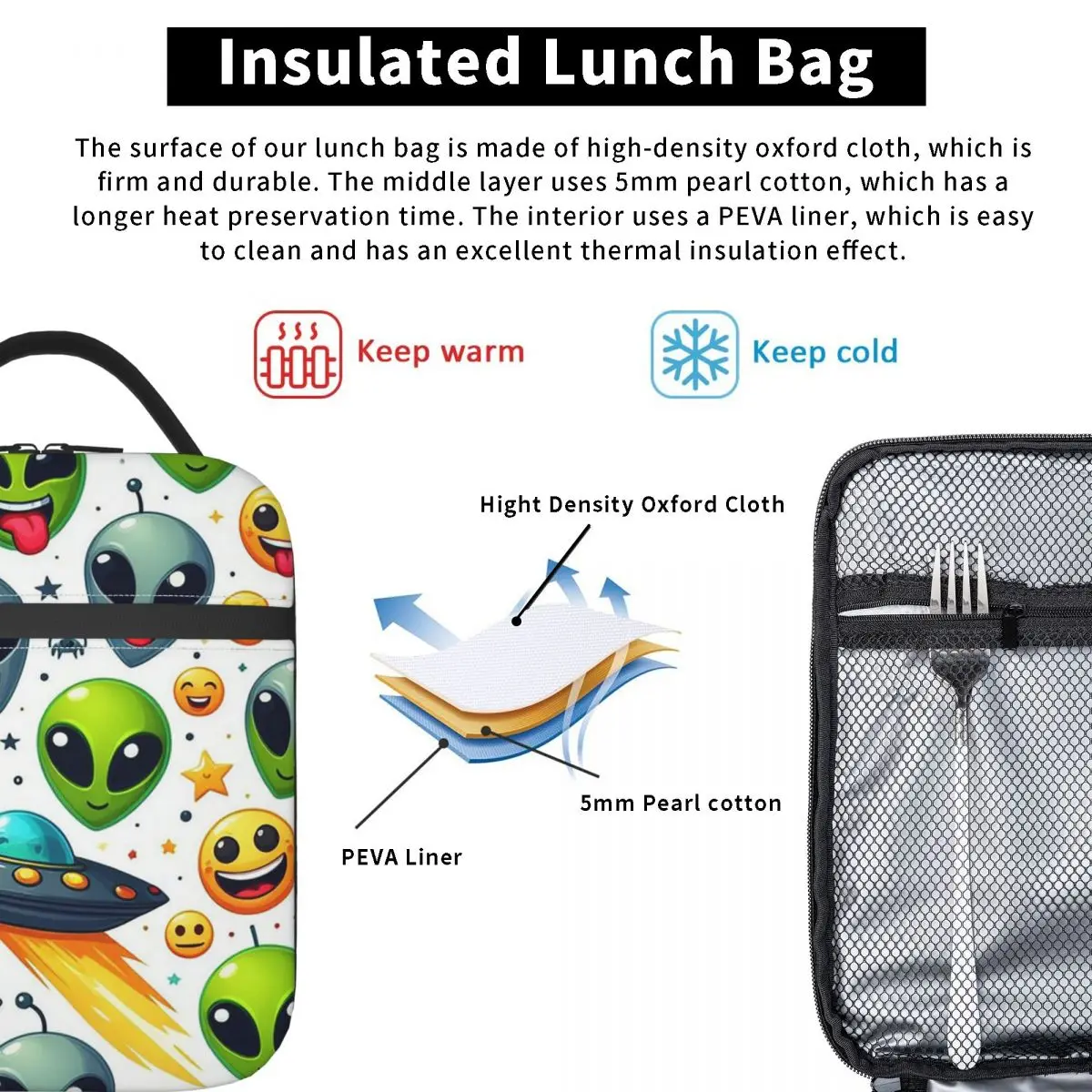 Green Alien And UFO Pattern Insulated Lunch Bag for Women Children Leakproof Food Boxes Thermal Lunch Box Tote