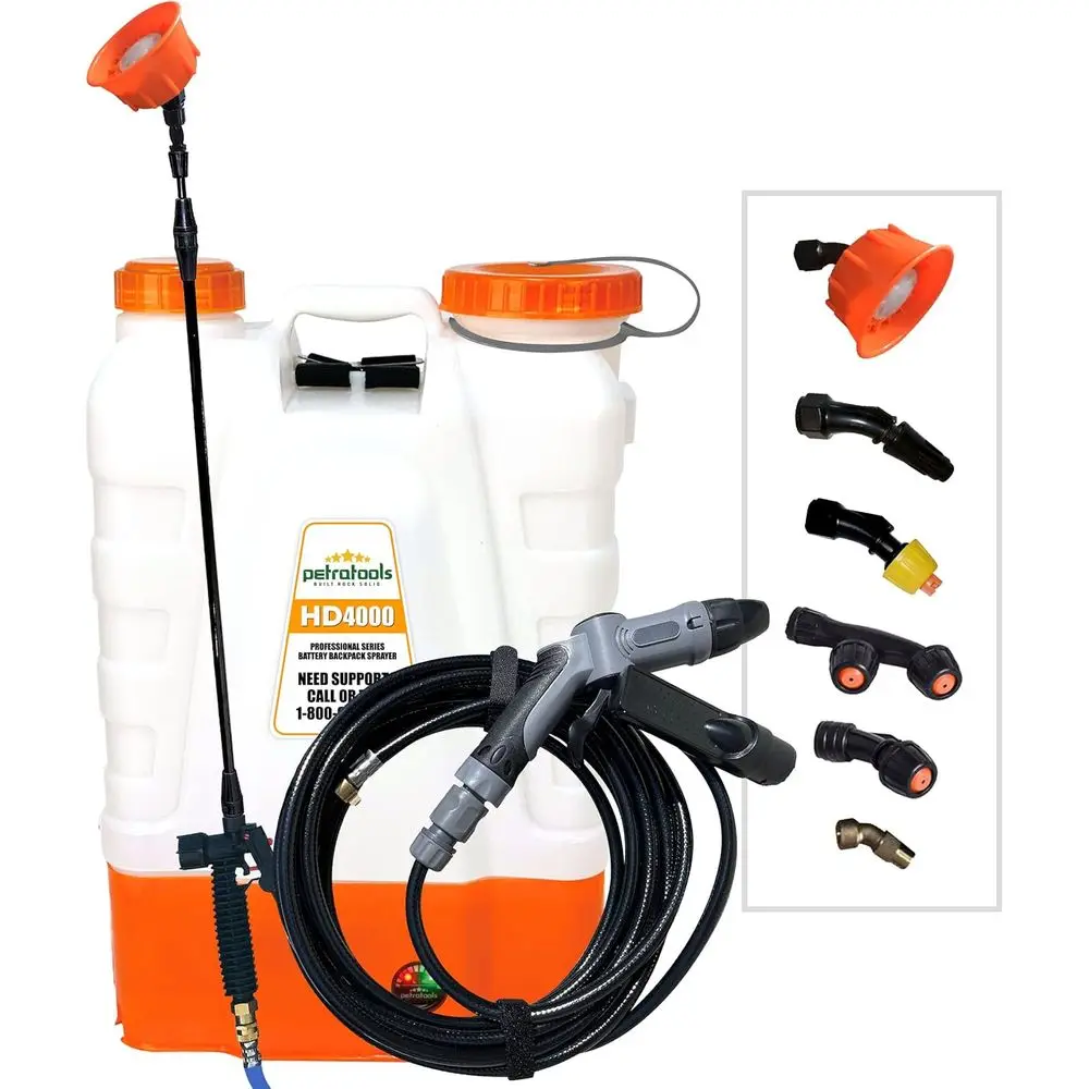 

Battery Powered 4-Gallon Backpack Sprayer with Extended Life Battery, Wide Mouth Lid, Multiple Nozzles, and Comfortable Trigger
