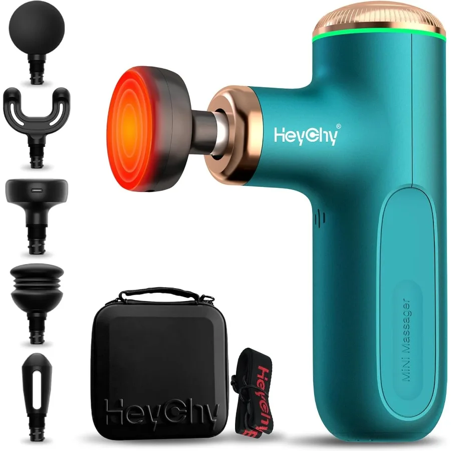 

Портативный массажный пистолет с функцией нагрева для облегчения боли в глубоких тканей: 5 регулируемых скоростей и 5 сменных массажных головок Идеально подходит