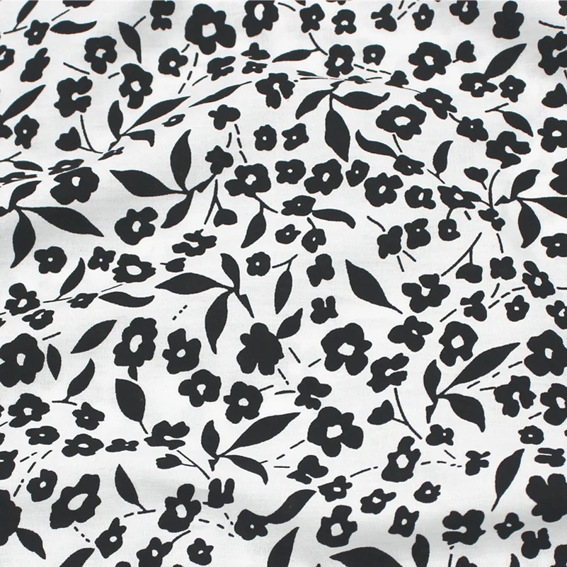 Black and White Cotton Floral Fabric Pastoral Style Printed Cloth for Sewing Clothes DIY Handmade by half Meter