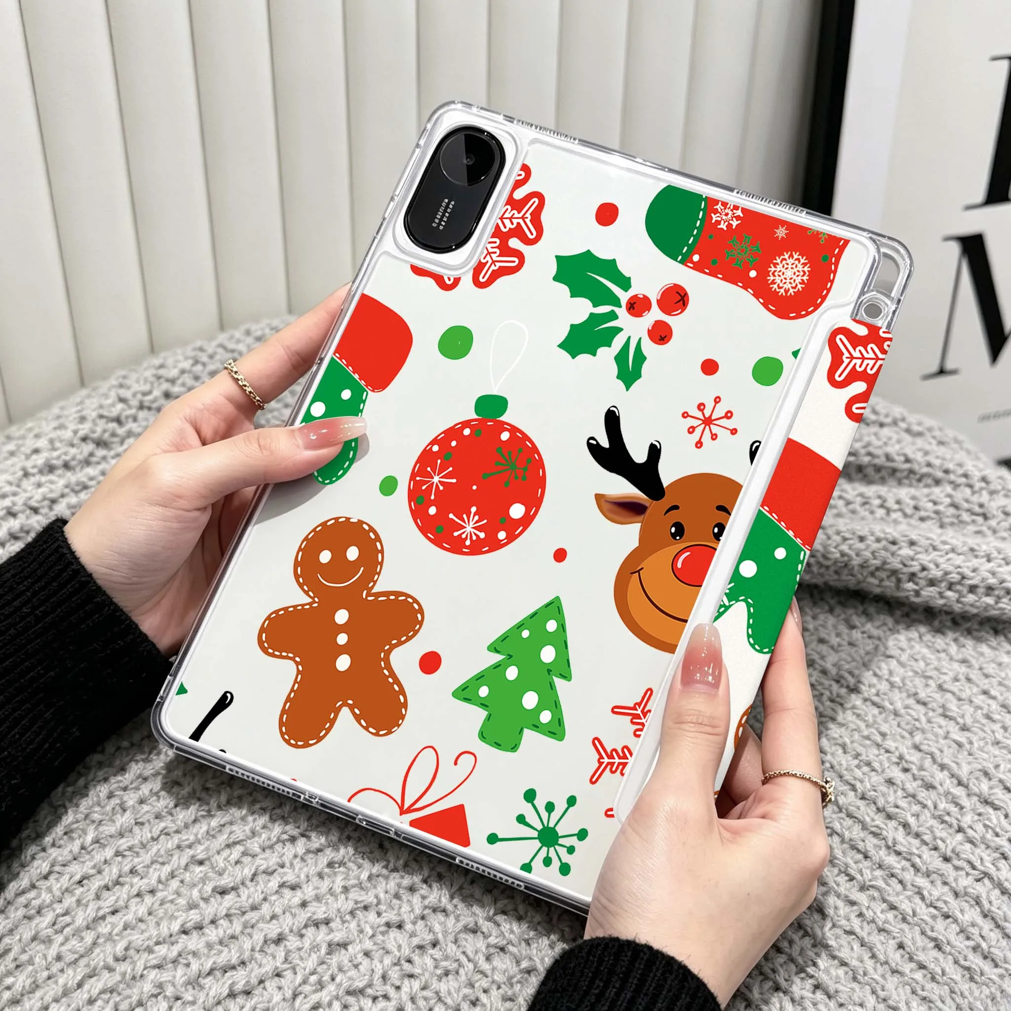 Xmas Pattern Sticker Case For Xiaomi Redmi Poco Pad 5 6 7 8 Pro SE 11 11.2 12.1 Inch Transparent Y-Shaped Folding Tablet
