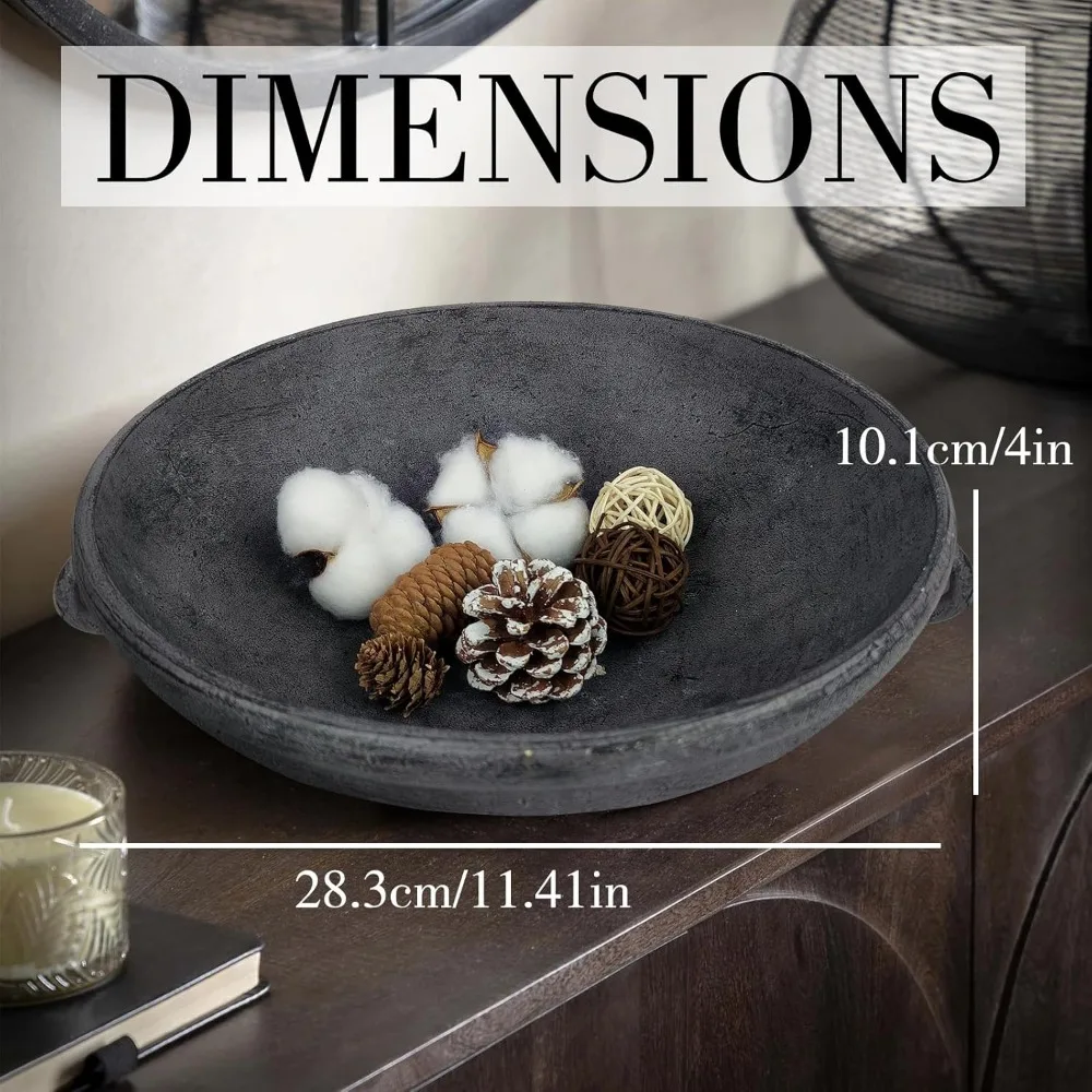 grande ciotola decorativa in resina con accenti ad anello laterale – aspetto terracotta nero laccato bianco, ciotola rustica per la cucina