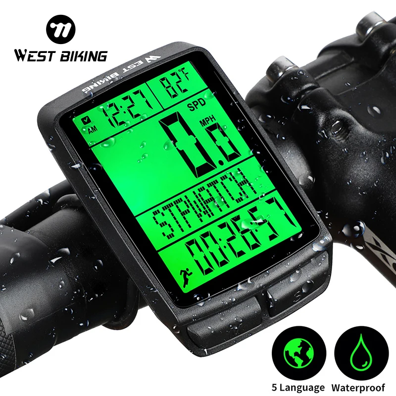 WEST BIKING Waterproof 5 Language Bicycle Wireless Computer Cycling Odometer MTB Bike Stopwatch LED Screen Digital Speedometer