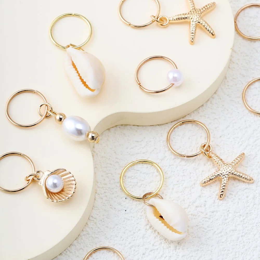 Hair Rings Sea Stars Shell and Pearls 10 Pieces Sets.Dreadlocks Beads Women's Hair Accessories Bohemian Beach Style Styling Tool