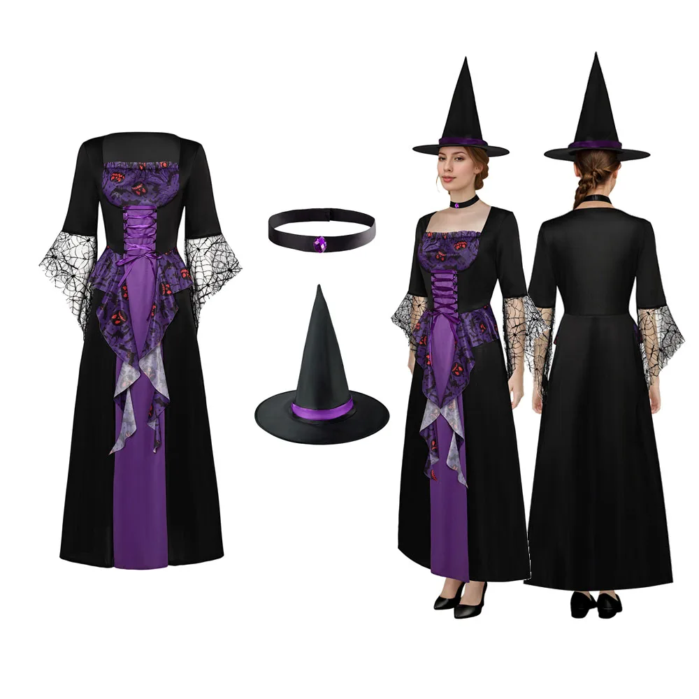 Disfraz de fantasía de Halloween para mujer, traje de carnaval, traje de bruja con cuello, color negro y morado