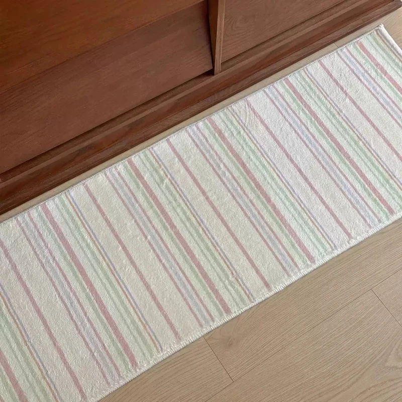 VIKAMA Cream Wind Striped Bedroom Carpet Soft Non-Slip Bedside Rug Children's Room Living Room Floor Mat Home Decoration