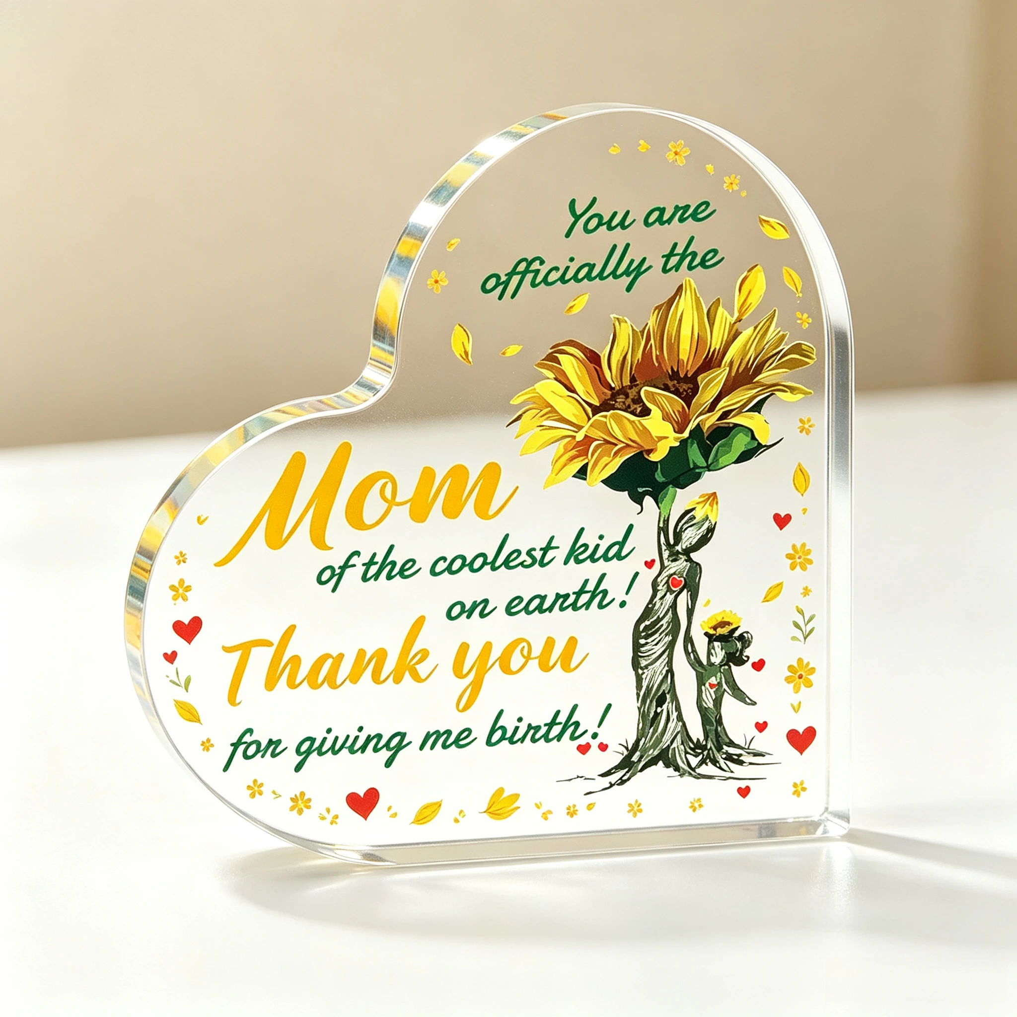 Mom Of The Coolest Kid On Earth Heart‑Shaped Acrylic Tabletop Plaque, Sunflower Mother Child Tree Art Desk Decor