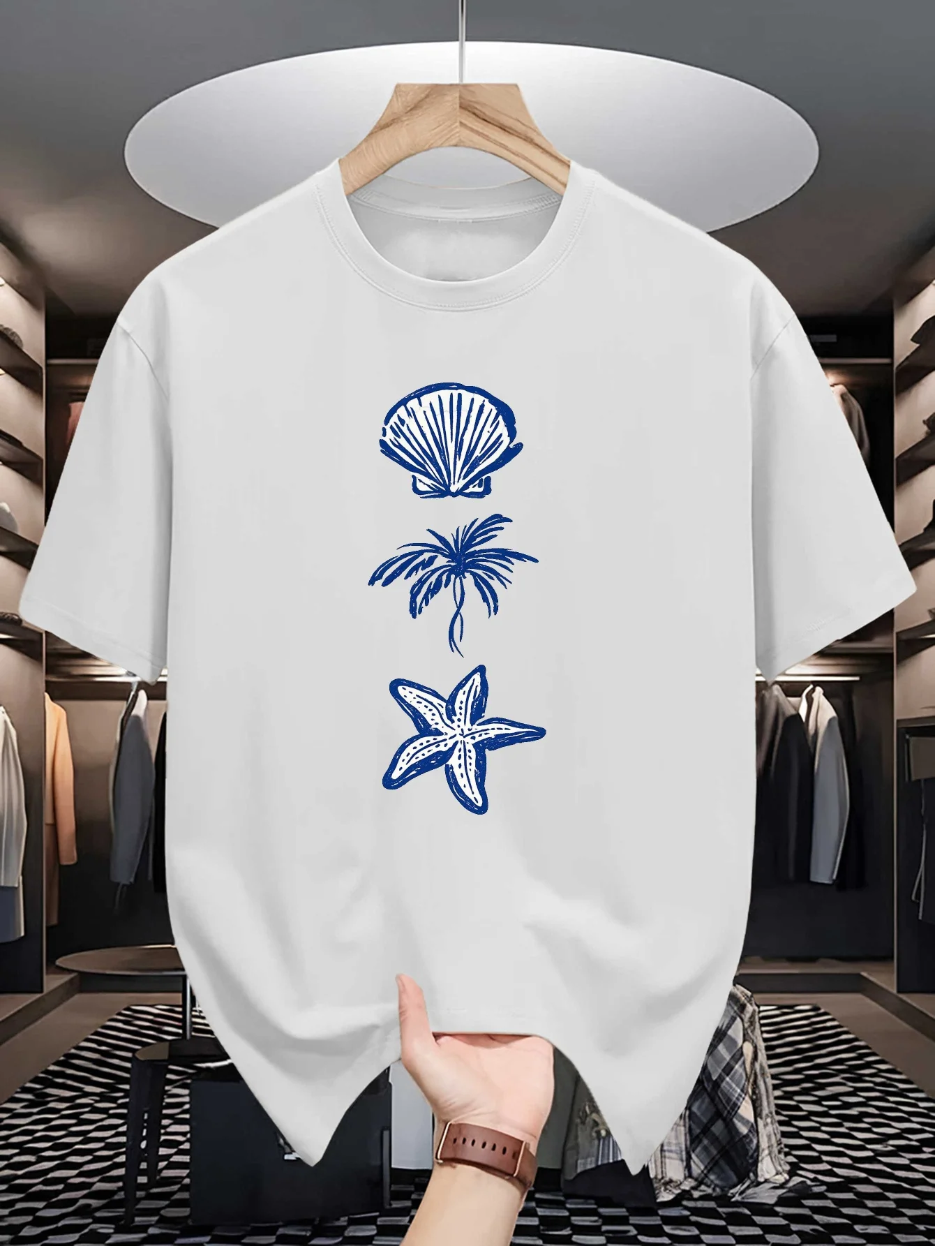 Tropical Beach Print Men Crew Neck  Shirt Seashell Starfish Palm Tree Sketch Graphic Short Sleeve Casual Cotton Ocean Street Tee