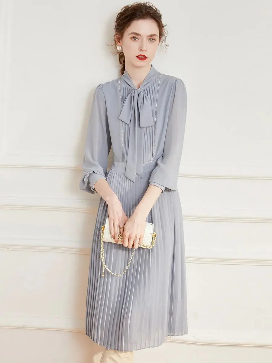 LOUIS YAO Women Dress 2024 Spring / Summer Dress Elegant Ribbon Pleated Long Dress Casual Long Sleeve V-Neck Knee-length Dress