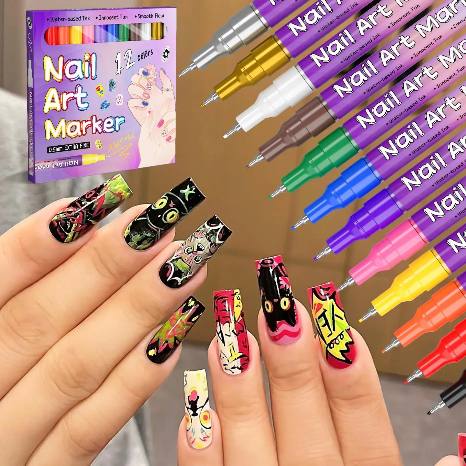 

Набор из 12 цветных ручек для нейл-арта, 0,5 мм, для рисования, граффити, точечной росписи и линейного рисования, акриловые маркеры, водостойкие и быстросохнущие.