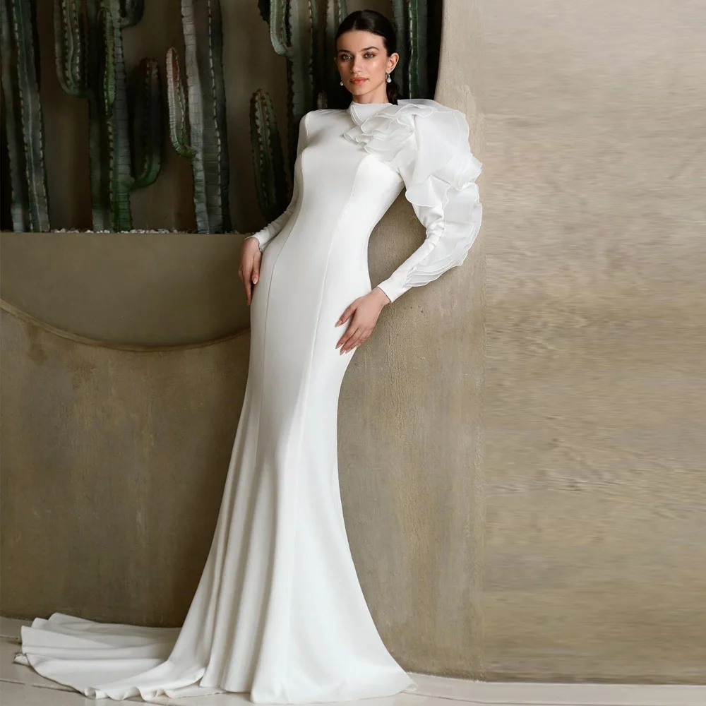 Свадебное платье-русалка с открытой спиной, индивидуального пошива, с рюшами, для гражданской церемонии, с высоким воротником, длинными рукавами, из сатина.