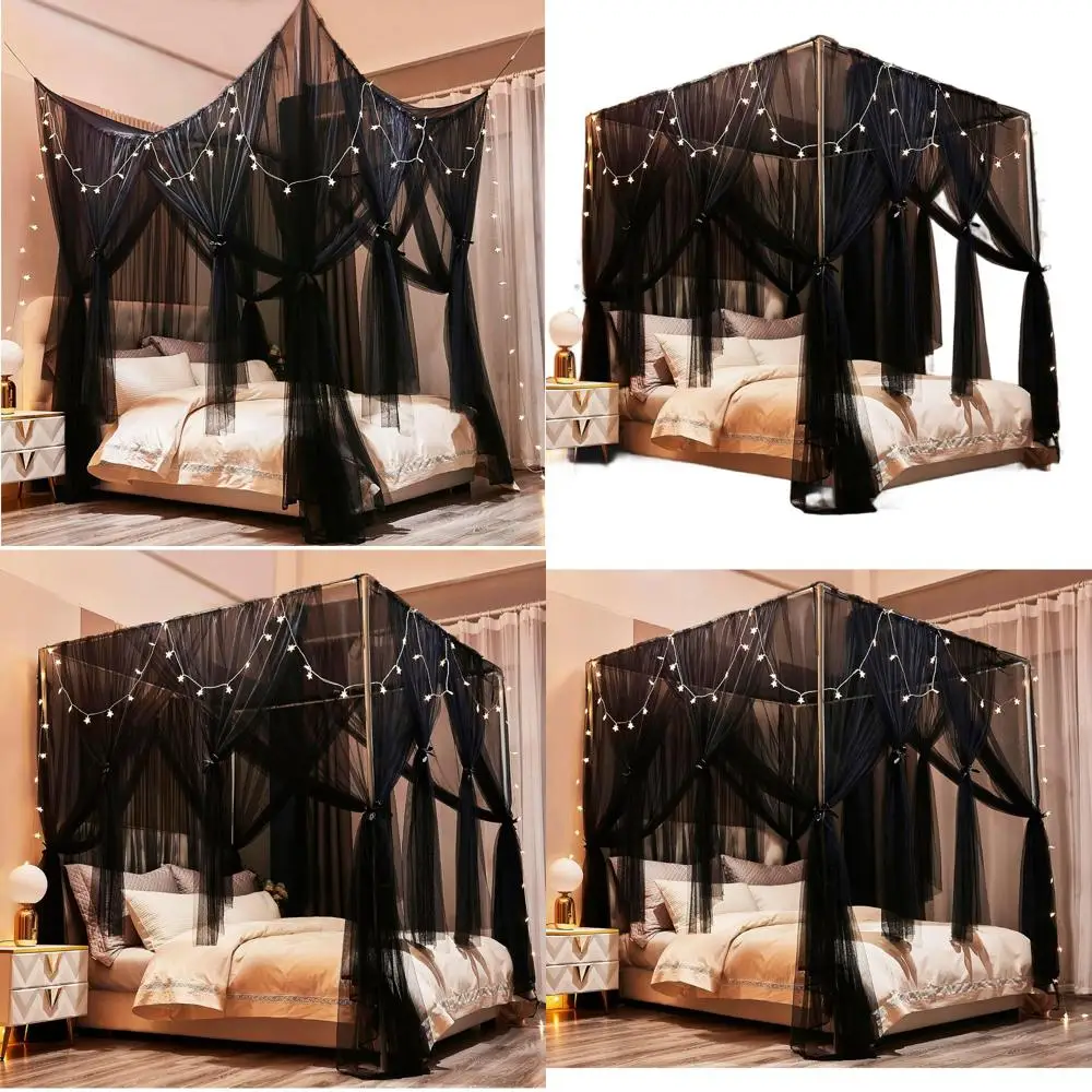 

Элегантные 4-ступенчатые шторы для кровати с балдахином и подсветкой для королевских кровати — черная москитная сетка и декоративные шторы для взрослых