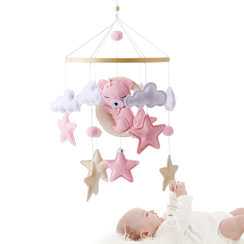 1pc bebê cama móvel sino brinquedo dos desenhos animados rosa urso de pelúcia recém-nascido calmante chocalhos brinquedo de madeira cama do bebê pendurado brinquedo presentes de nascimento do bebê