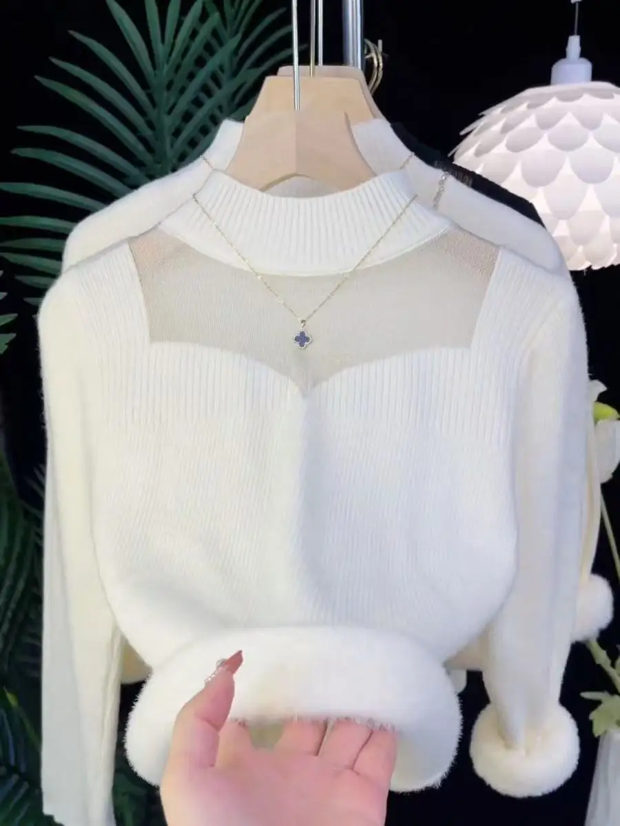 

Утепленный вязаный свитер-боди для женщин: модный базовый топ с ультратолстыми длинными рукавами и высоким воротником, стандартная длина