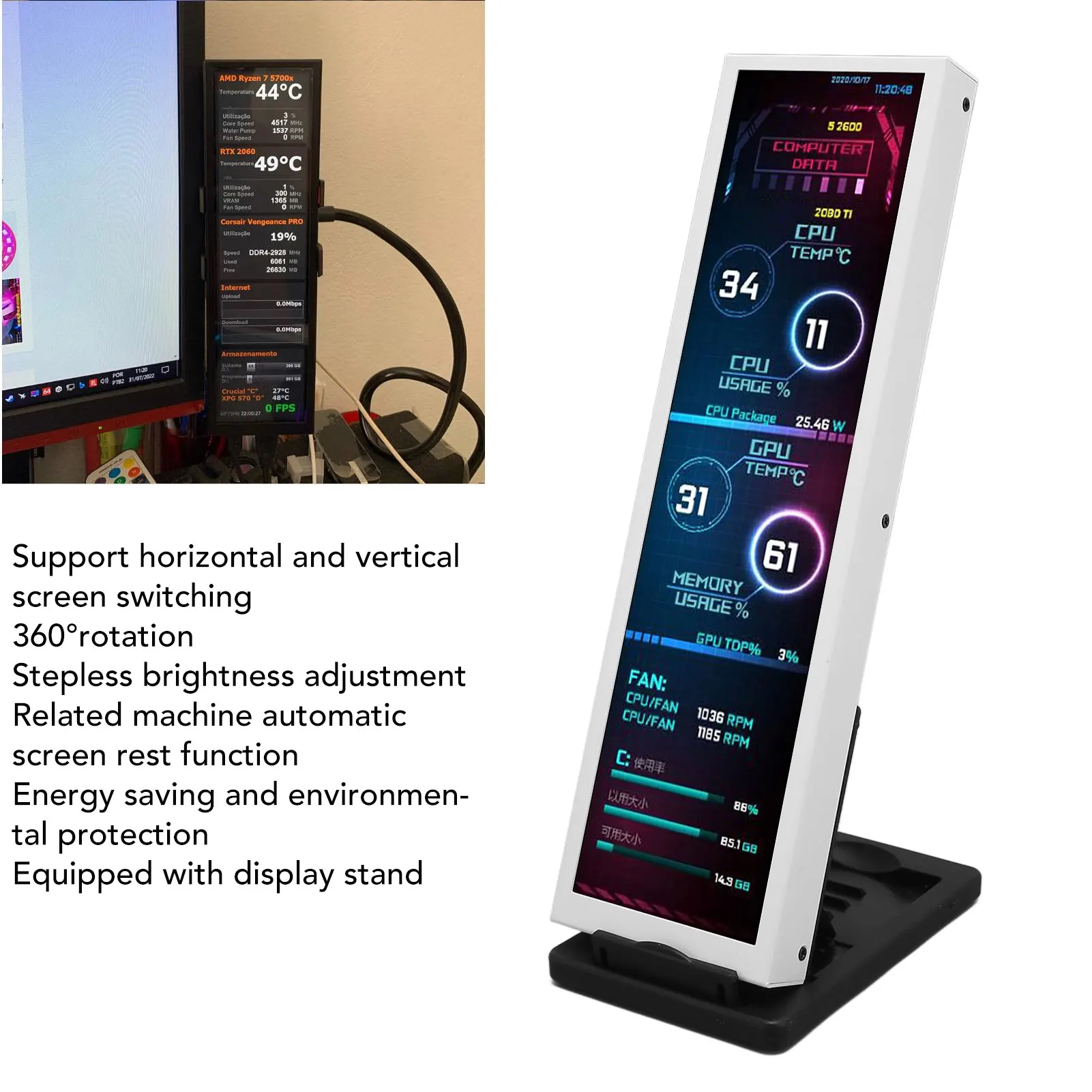 

8.8in Computer Temp Monitor 1920x480 60Hz for AIDA64 CPU GPU SSD Data Monitor for Raspberry Pi for Linux Windows