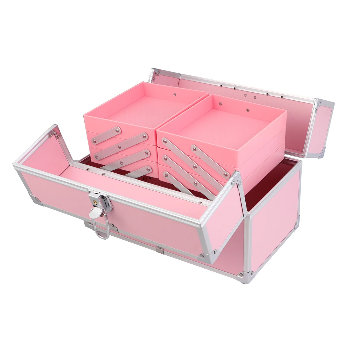صندوق مستحضرات التجميل المحمول 3 طبقات منظم قطار المكياج وردي متين مقاوم للخدش سعة كبيرة مقصورات السفر المحمولة