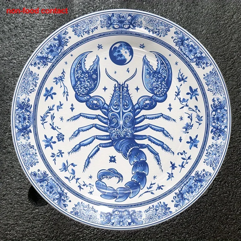 1pc Large 8-Inch Round Ceramic Wall Plate - Vintage Blue and White Scorpion Decorative Plaque, Non-Food Contact Decoration for