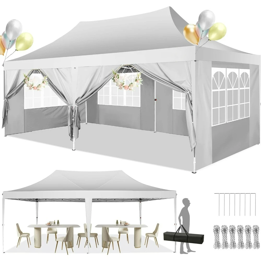 10x20 Pop Up Canopy Tent with 6 Sidewalls, UV50 Waterproof Canopy Tent, 3 Adjustable Heights and with Carry Bag, Outdoor Gazebo