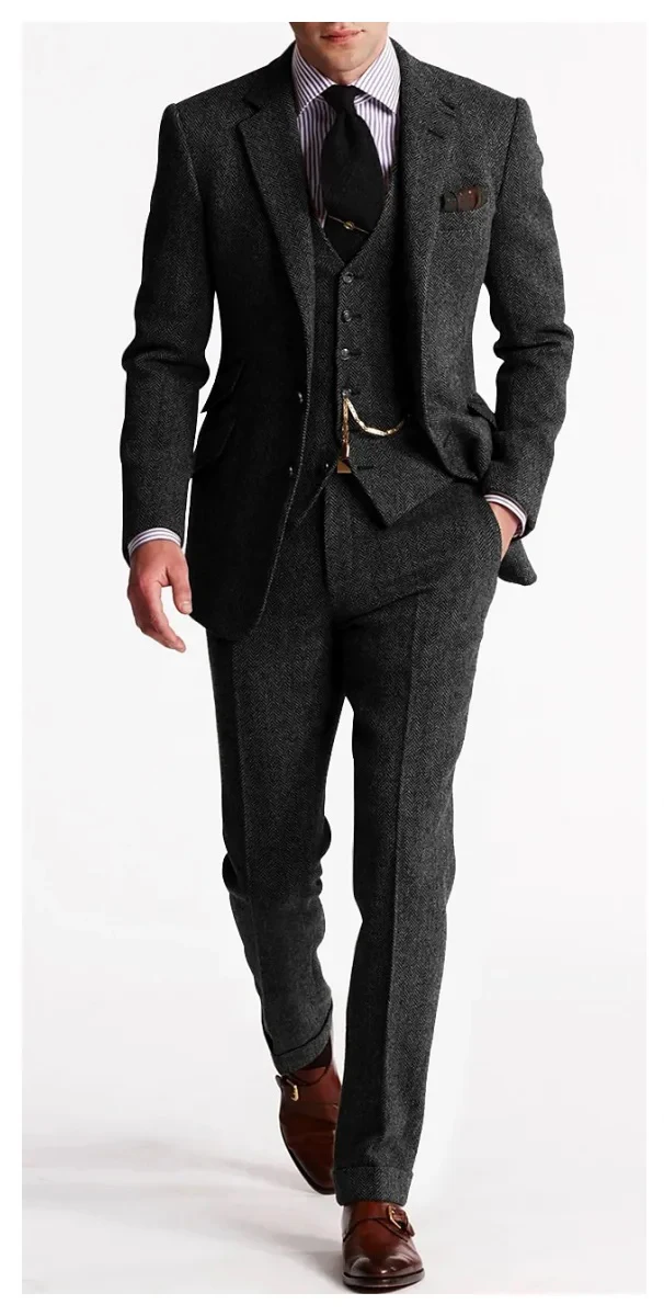 Herringbone Suits for Men Tweed Slim Fit Custom Made Men Suits Tuxedo Man Suit Set Trajes De Hombre Anzug Herren