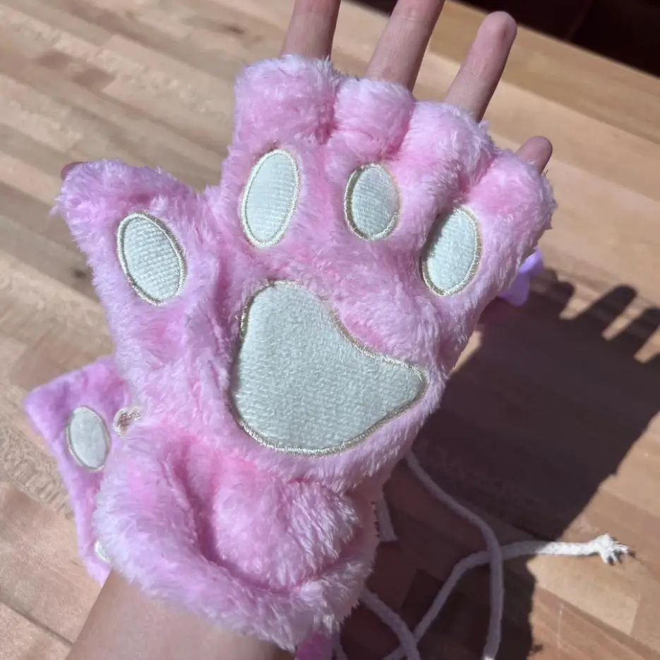 Winter Lovely Plush Cat Paw Gloves Plush Mittens Warm Soft Plush Short Fingerless Fluffy Bear Gloves Costume Half Finger Gloves