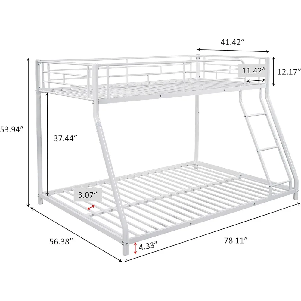 Bunk Beds Twin Over Full Size, Heavy Duty Metal Low Bunkbeds Frame with Safety Rail and Ladder for Dormitory Bedroom Boys Girls