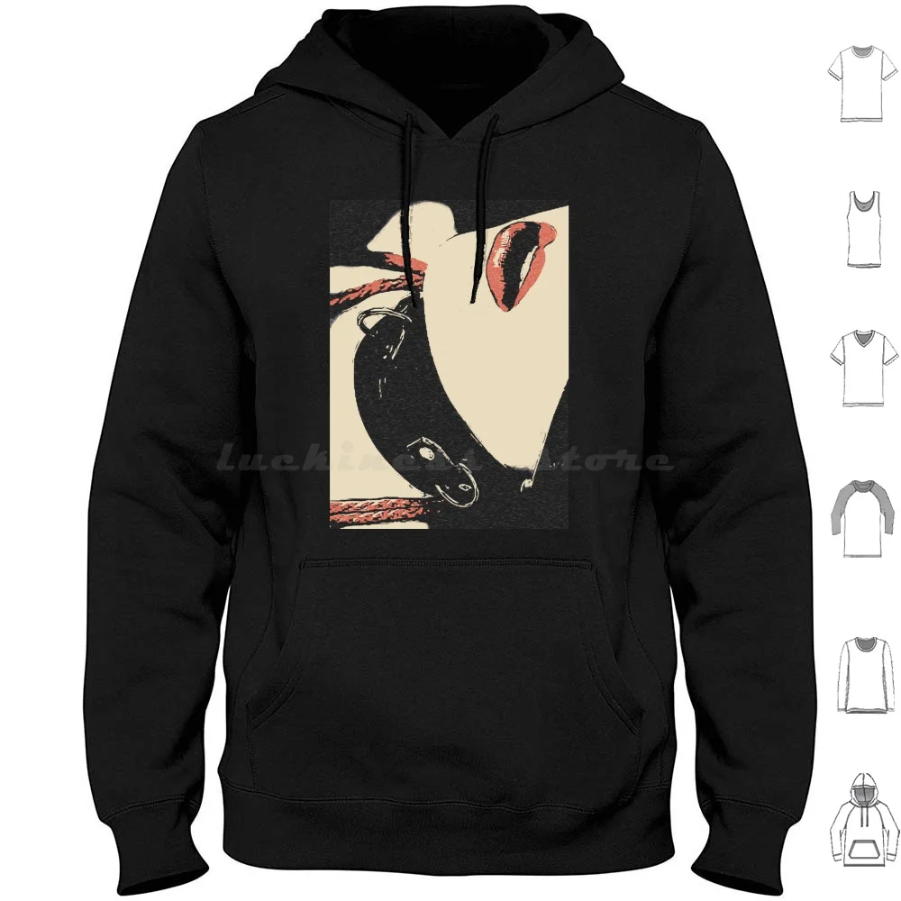 Sensual Bdsm , Red Lips , Red Ropes Hoodie Cotton Long Sleeve Sexy Pose Girl With Red Lips Erotic Sketch Slim Fetish